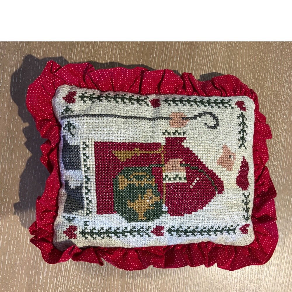 Vintage Handmade Santa Cross Stitch Pillow Christmas Needlepoint Red Ruffle 12"